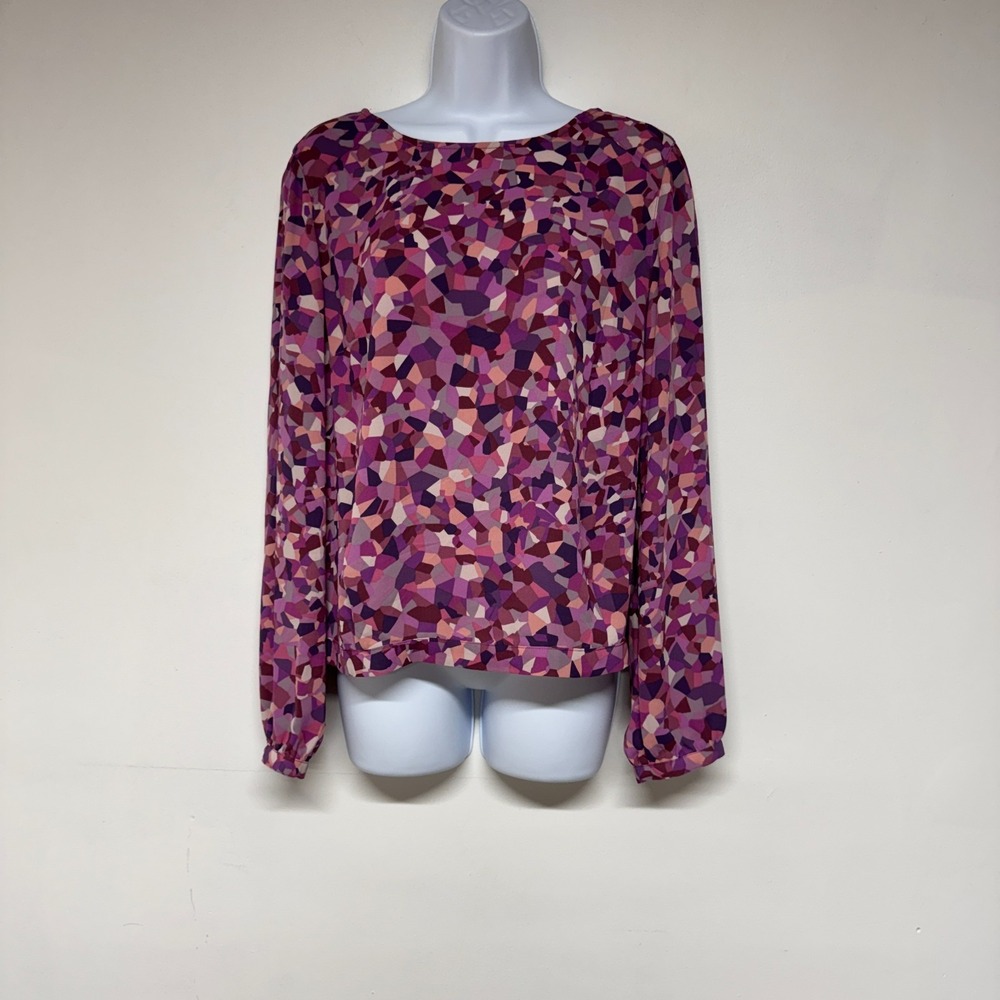 CAbi Blouse Womens Medium M Multicolor Geometric Tie Back Long Sleeve Round Neck